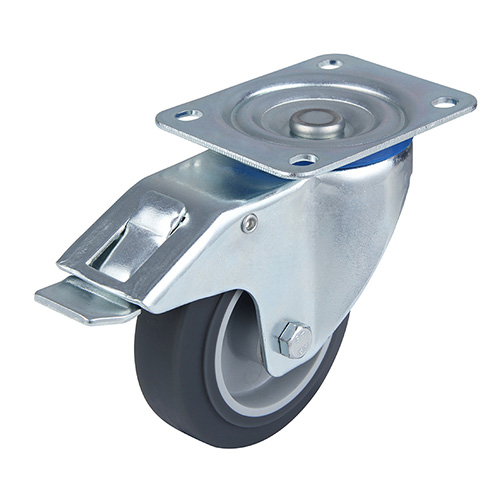 Grey Thermoplastic Rubber Swivel Castor with Total Lock with Roller Bearing