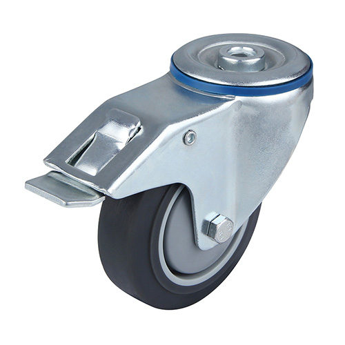 Grey Thermoplastic Rubber Swivel Castor with Bolt Hole and Total Lock with Grey samll Plastic Thread Guards
