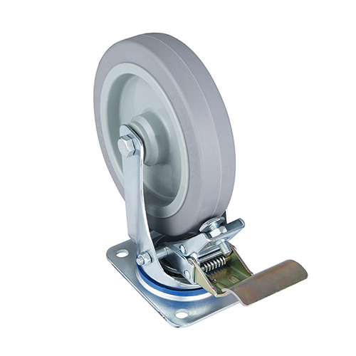 Grey Elastic Rubber Swivel Castor with Front Lock with Roller Bearing
