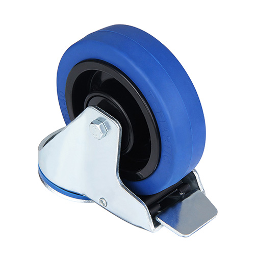 Blue Elastic Rubber Swivel Castor with Bolt Hole and Total Lock with Black Samll Plastic Thread guards