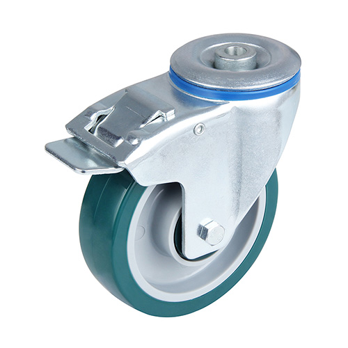Green Polyurethane Swivel Castor with Bolt Hole and Total Lock With Green Plastic Samll Thread Guards