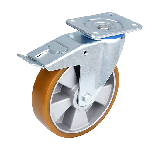Brown Polyurethane Swivel Castor with Total Lock with Silvery Casting-Aluminium Wheel Centre