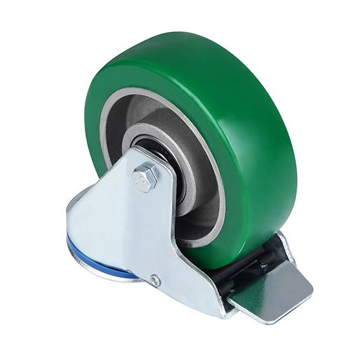 Green Elastic Polyurethane Swivel Castor with Bolt Hole and Total Lock with Two Ball bearings