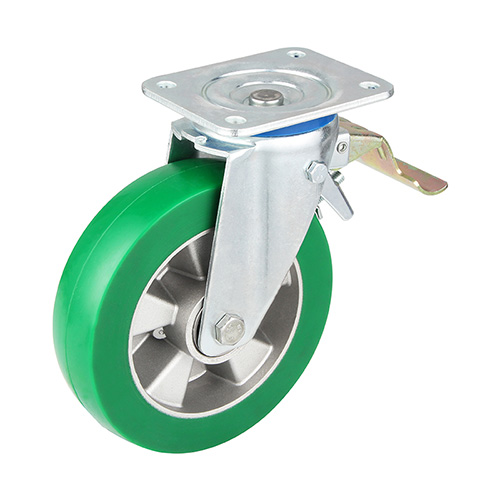 Green Elastic Polyurethane Swivel Castor with Front Lock with Two Ball bearings