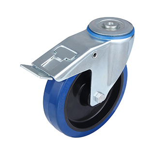 Blue Elastic Rubber Swivel Castor with Bolt Hole and Total Lock  with Polyamide Wheel Centre