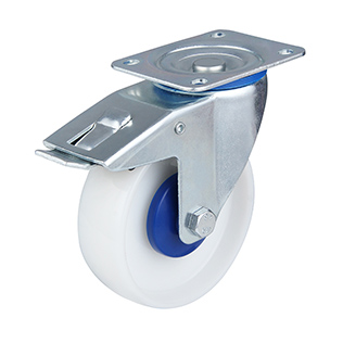 White Polyamide Swivel Castor with Total Lock with Blue Samll Plastic Thread Guards