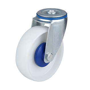 White Polyamide Swivel Castor with Bolt Hole with Blue Samll Plastic Thread Guards