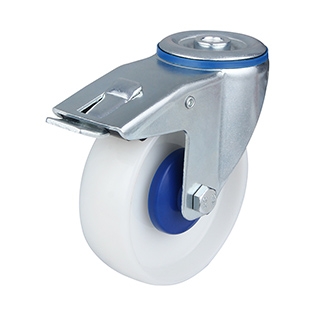 White Polyamide Swivel Castor with Bolt Hole and Total Lockwith Blue Samll Plastic Thread Guards