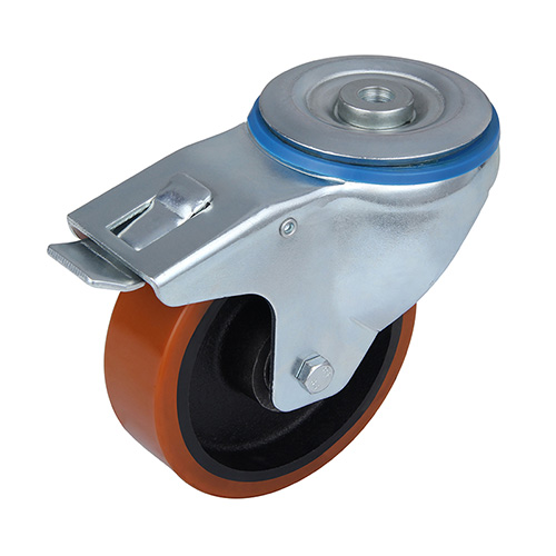 Brown Polyurethane Swivel Castor with Bolt Hole and Total Lock with Casting Iron Core