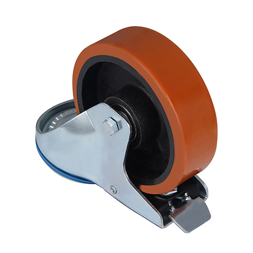 Brown Polyurethane Swivel Castor with Bolt Hole and Total Lock with Casting Iron Core