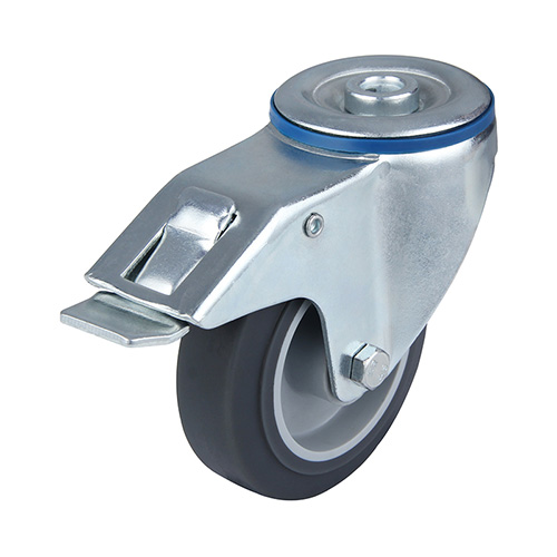 Grey Thermoplastic Rubber Swivel Castor with Bolt hole and Total Lock with Roller Bearing