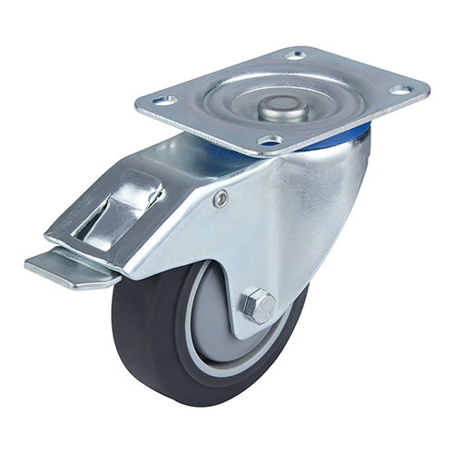 Grey Thermoplastic Rubber Swivel Castor with Total Lock with Roller Bearing