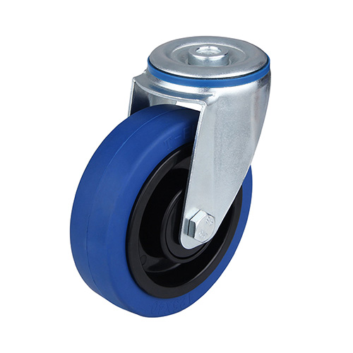 Blue Elastic Rubber Swivel Castor with Bolt Hole with Black Samll Thread Guards