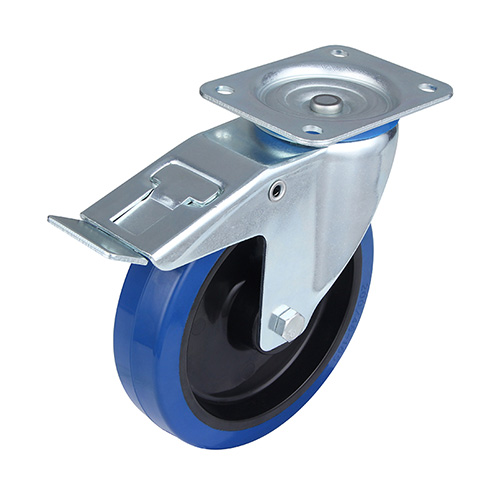 Blue Elastic Rubber Swivel Castor with Total Lock with Polyamide Wheel Centre