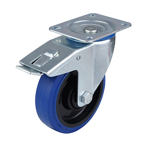 Blue Elastic Rubber Swivel Castor with Total Lock with Polyamide Wheel Centre