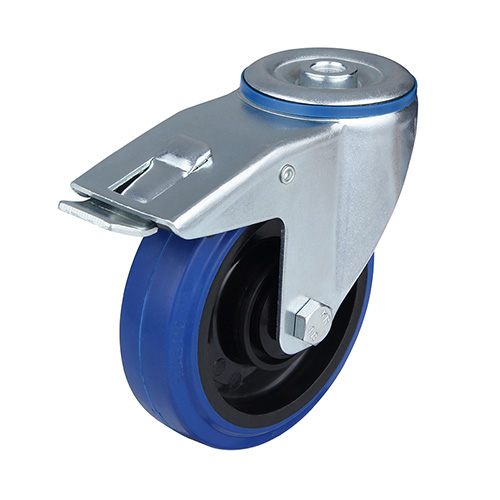 Blue Elastic Rubber Swivel Castor with Bolt hole and Total Lock with Polyamide Wheel Centre