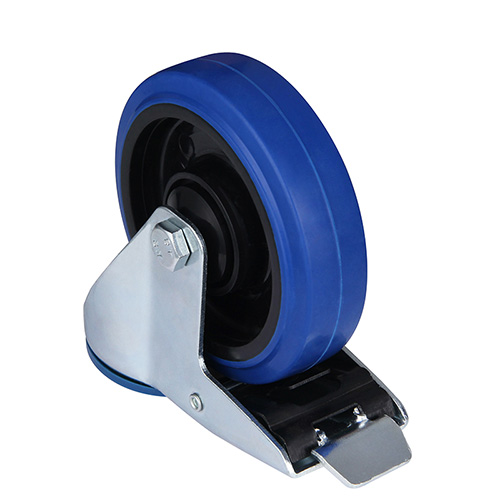 Blue Elastic Rubber Swivel Castor with Bolt hole and Total Lock with Polyamide Wheel Centre