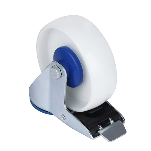 White Polyamide Swivel Castor with Bolt Hole and Total Lockwith Blue Samll Plastic Thread Guards