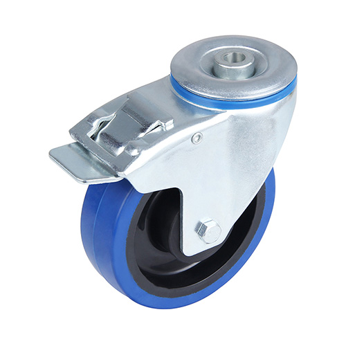 Blue Elastic Rubber Swivel Castor with Bolt Hole and Total Lock with Two Ball Bearings