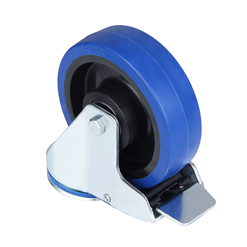 Blue Elastic Rubber Swivel Castor with Bolt Hole and Total Lock with Two Ball Bearings