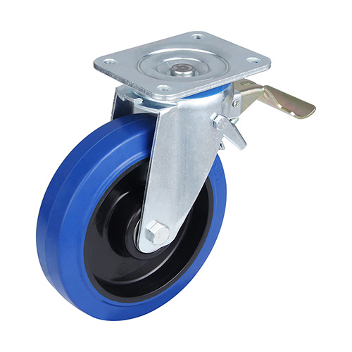 Blue Elastic Rubber Swivel Castor with Front Lock with Two Ball Bearings