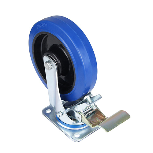 Blue Elastic Rubber Swivel Castor with Front Lock with Two Ball Bearings