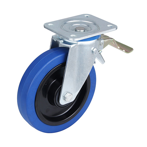 Blue Elastic Rubber Swivel Castor with Front Lock with Black Samll Plastic Thread guards