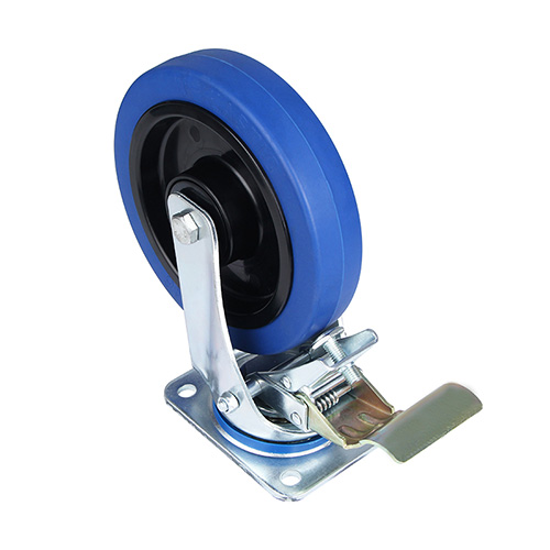 Blue Elastic Rubber Swivel Castor with Front Lock with Black Samll Plastic Thread guards