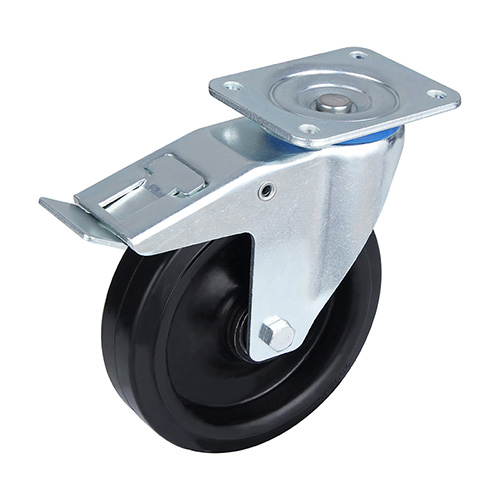 Black Elastic Rubber Swivel Castor with Total Lock with Black Welded Pressed steel wheel centre