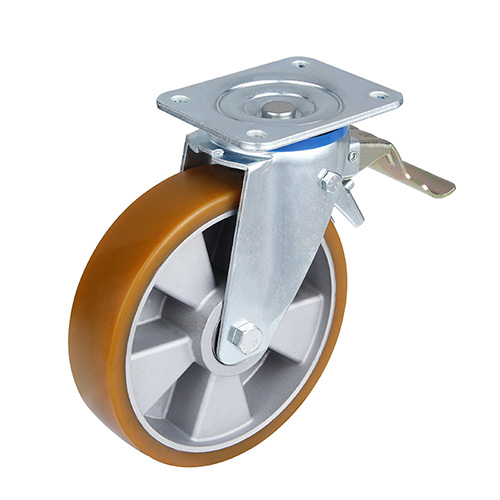 Brown Polyurethane Swivel Castor with Front Lock with Silvery Casting-Aluminium Wheel Centre