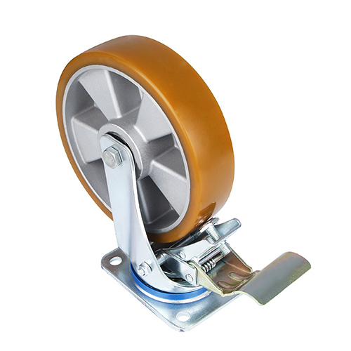 Brown Polyurethane Swivel Castor with Front Lock with Silvery Casting-Aluminium Wheel Centre