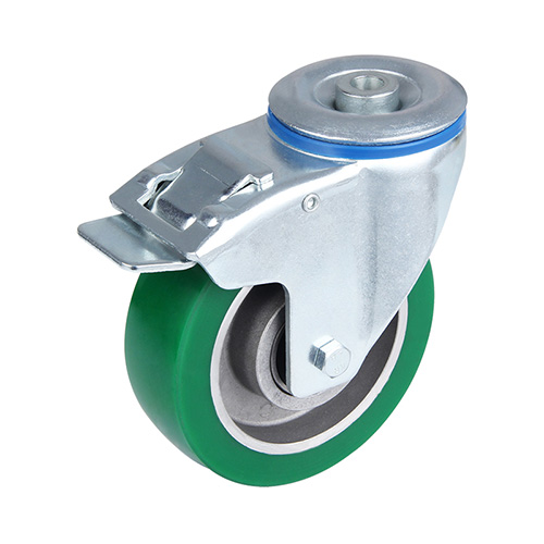 Green Elastic Polyurethane Swivel Castor with Bolt Hole and Total Lock with Two Ball bearings