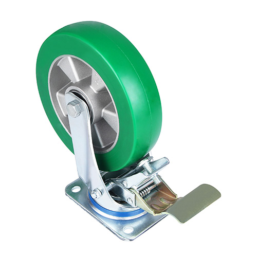 Green Elastic Polyurethane Swivel Castor with Front Lock with Two Ball bearings