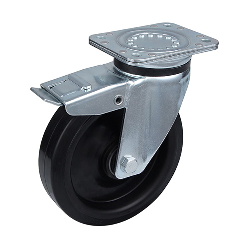 Black Elastic Rubber Heavy Duty Swivel Castor with Total Lock with Black Welded Pressed Steel Wheel Centre