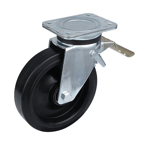 Black Elastic Rubber Heavy Duty Swivel Castor with Front Lock with Black Welded Pressed Steel Wheel Centre