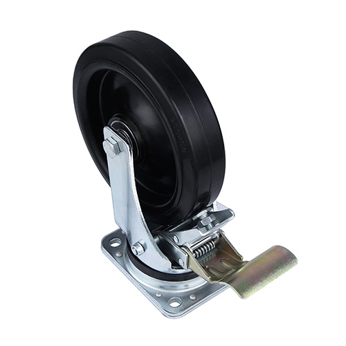 Black Elastic Rubber Heavy Duty Swivel Castor with Front Lock with Black Welded Pressed Steel Wheel Centre