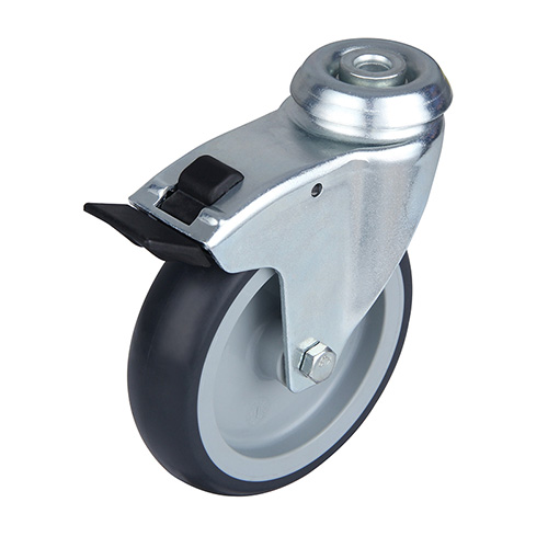 Grey Thermoplastic Rubber Institutional Swivel Castor with Bolt hole and Total Lock