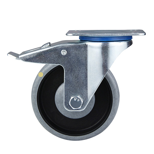 Grey Electric Conduction Thermoplastic Rubber Swivel Castor with Total Lock With Centre Ball Bearing With Thread Guards