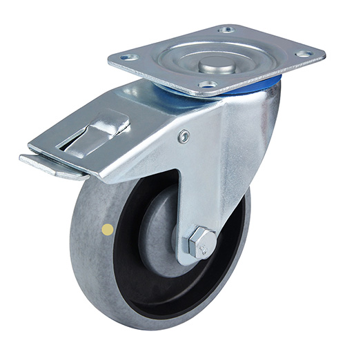 Grey Electric Conduction Thermoplastic Rubber Swivel Castor with Total Lock With Centre Ball Bearing With Thread Guards