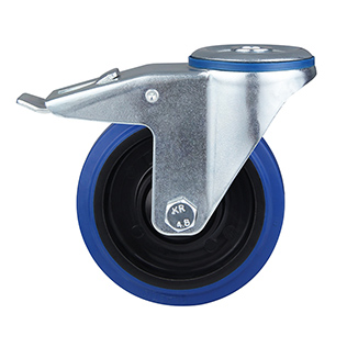 Blue Elastic Rubber Swivel Castor with Bolt hole and Total Lock with Polyamide Wheel Centre