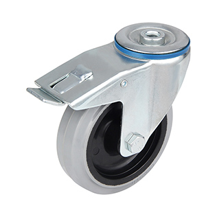 Grey Elastic Rubber Swivel Castor with Bolt Hole and Total Lock  with Polyamide Wheel Centre