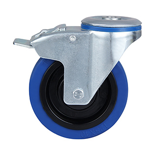 Blue Elastic Rubber Swivel Castor with Bolt Hole and Total Lock with Black Samll Plastic Thread guards