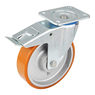 Brown Polyurethane Swivel Castor with Total Lock with Sliver Casting-Iron Wheel Centre