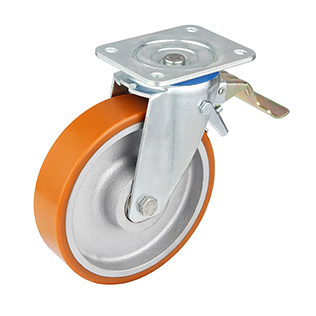 Brown Polyurethane Swivel Castor with Front Lock with Sliver Casting-Iron Wheel Centre