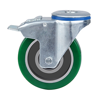 Green Elastic Polyurethane Swivel Castor with Bolt Hole and Total Lock with Two Ball bearings