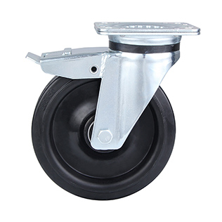 Black Elastic Rubber Heavy Duty Swivel Castor with Total Lock with Black Welded Pressed Steel Wheel Centre