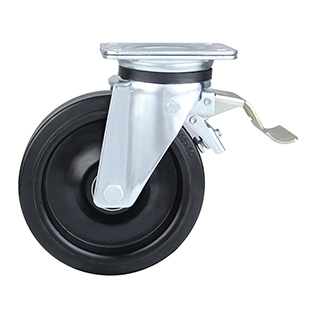 Black Elastic Rubber Heavy Duty Swivel Castor with Front Lock with Black Welded Pressed Steel Wheel Centre