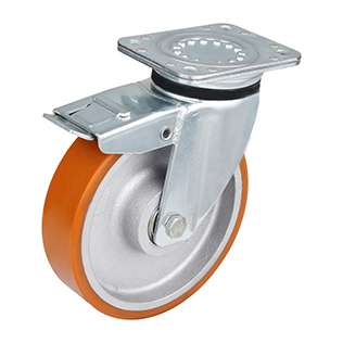Brown Polyurethane Heavy Duty Swivel Castor with Total Lock with Black Casting-Iron Wheel Centre