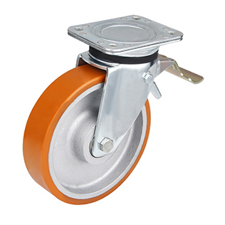 Brown Polyurethane Heavy Duty Swivel Castor with Front Lock with Black Casting-Iron Wheel Centre