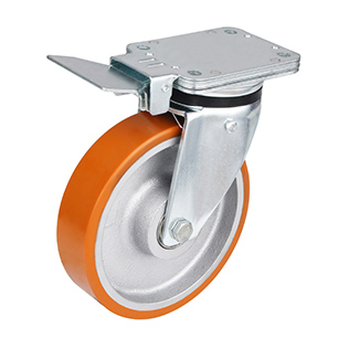 Brown Polyurethane Heavy Duty Swivel Castor with Central Lock with Black Casting-Iron Wheel Centre